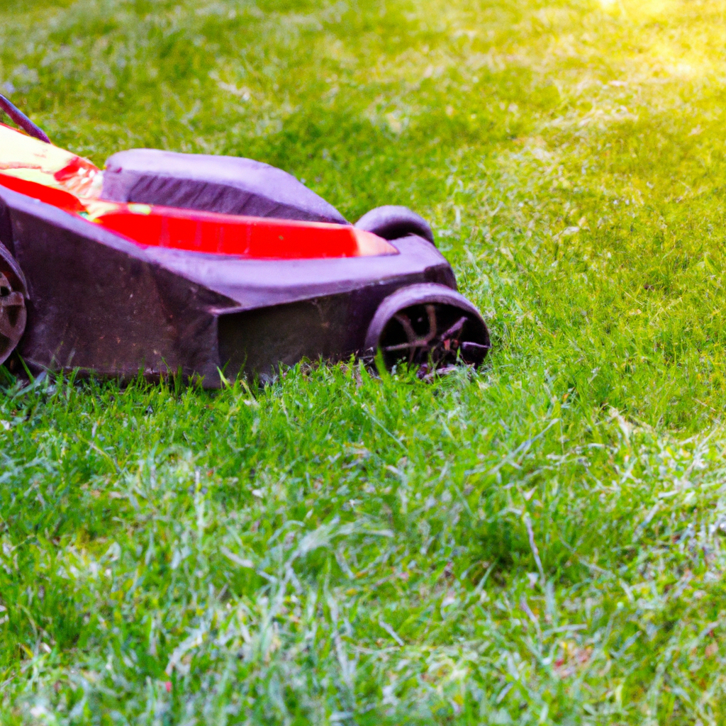 Professionele grasmaaier op Belgisch gazon bij zonsopgang, premium onderhoud